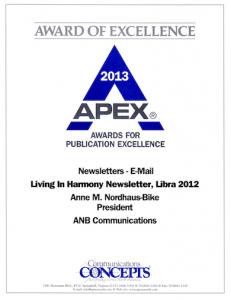 Living in Harmony art and astrology newsletter wins international award